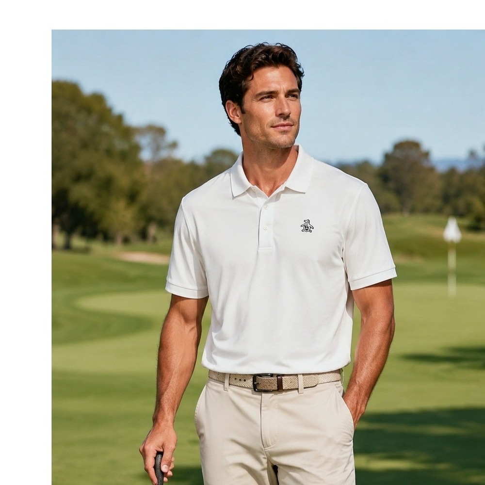 Original Penguin Mens Golf Polo Shirt White Short Sleeve Performance Stretch L